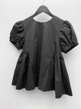 Sandy Liang “Comfbo” Black Puff Sleeve Peplum Top - Classic Women's Blouse